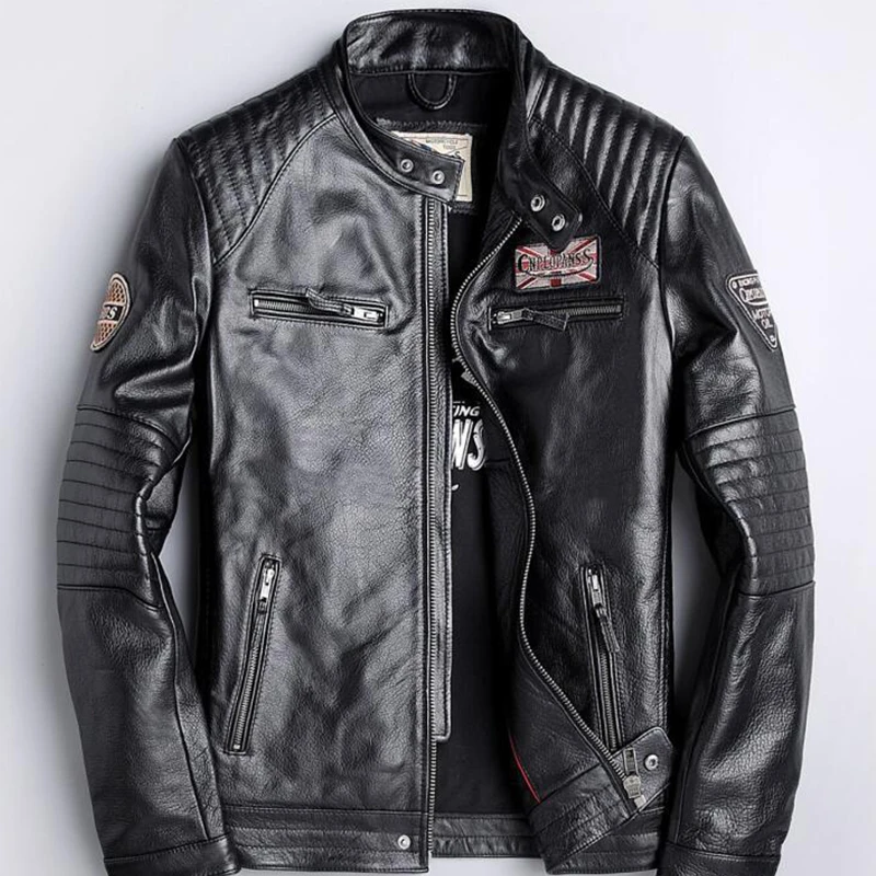 Мужское черное пальто из натуральной кожи с вышивкой мотоциклетная куртка