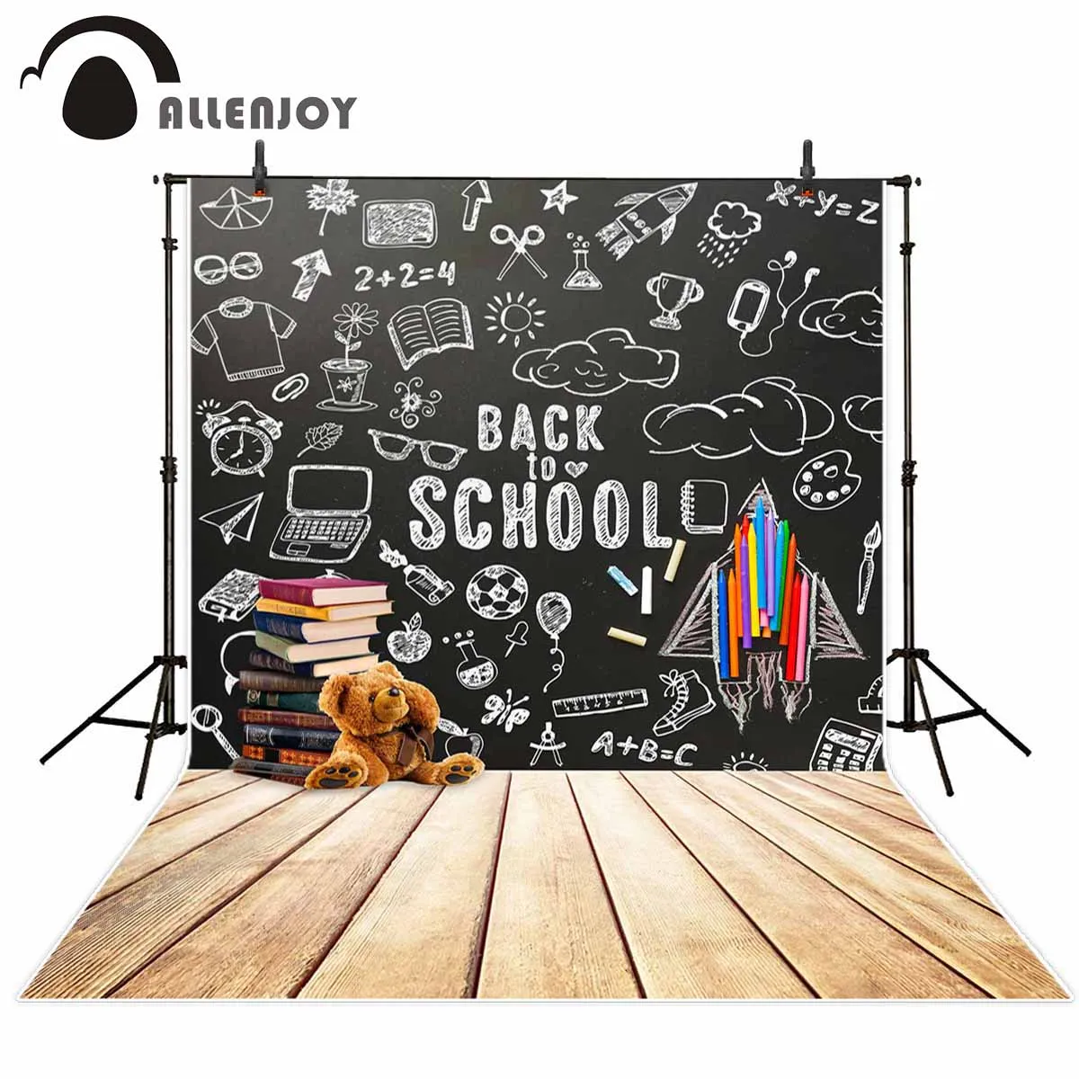 Allenjoy Снова в школу Фотофон для фотосессии эскиз досок книга мелок медведь деревянный пол фон детский фон фотография