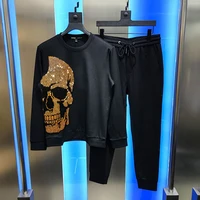male popular hip hop streetwear skull hot diamond shiny mens sets tracksuit hoodie pantsfleece outdoor sweatshirt