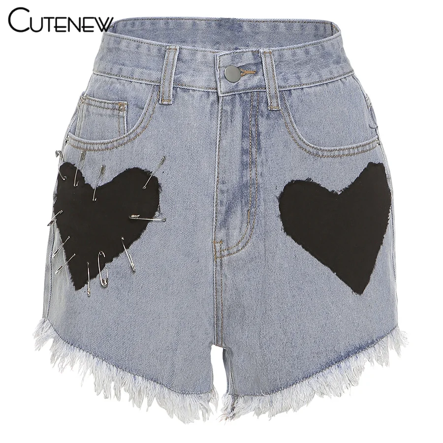 

Cutenew Harajuku Blue High Waisted Denim Shorts Women 2021 Summer Fashion Casual Elastic Skinny Pin Patchwork Female Streetwear