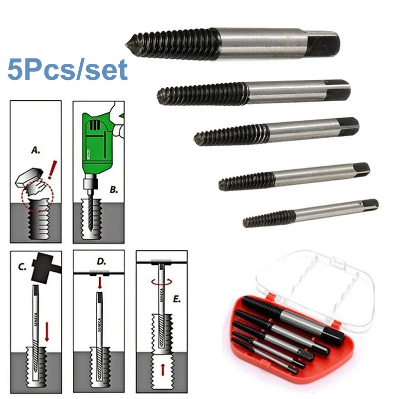 

5Pcs/set Steel Broken Speed Out Damaged Screw Extractor Drill Bit Guide Set Broken Bolt Remover Tool Metal Woodworking Tools