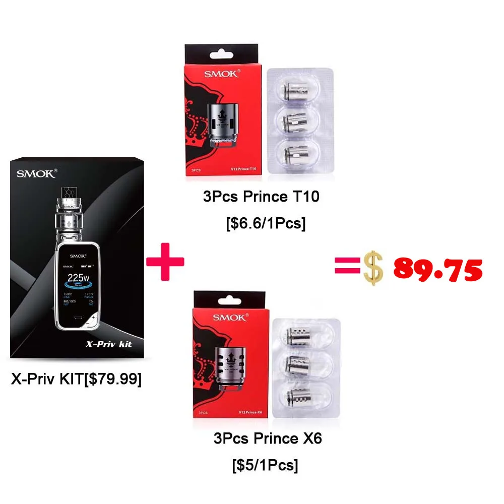 Аутентичный Smok X Priv комплект 225 Вт Box Mod Vape 8 мл TFV12 Prince Tank испаритель с V12 Q4 T10