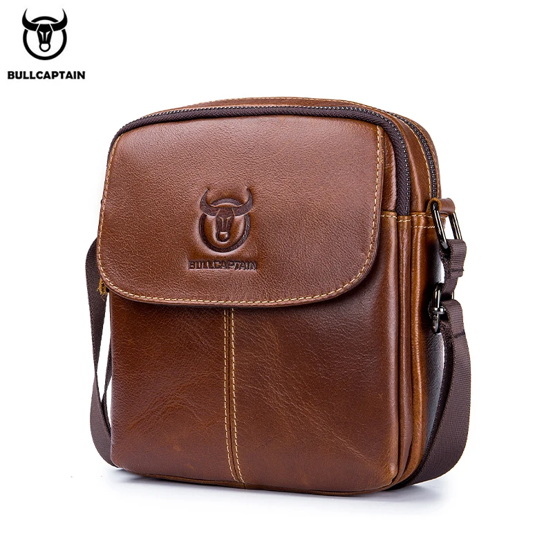 BULLCAPTAIN Men's Shoulder Messenger Bag Leather Casual Classic Multifunctional Short Cover Medium And Small Bag