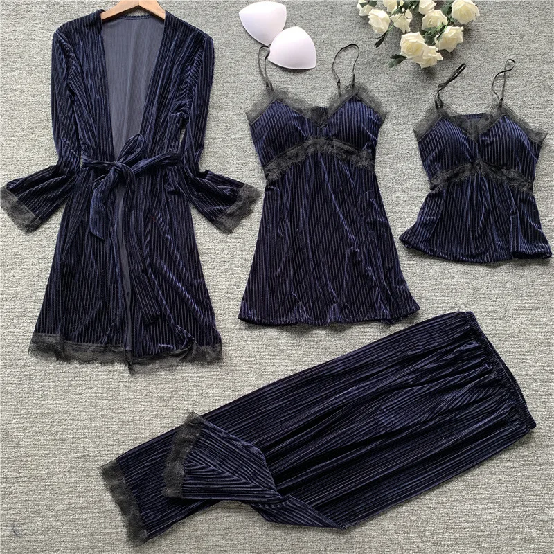 

Fdfklak 4Pieces Lace Golden Velvet Pajamas Sets V Neck Hot Sale 2022 Spring Autumn New With Chest Pad Nightwear Pijamas