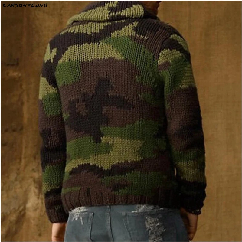 Мужской Камуфляжный жаккардовый свитер кардиган с лацканами на пуговицах теплая