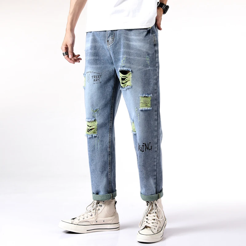 

Men Street Jeans Regual Ripped Holes Paint Letter Male Straight Denim Pants Spring Summer Casual Personal Amazing Clothing