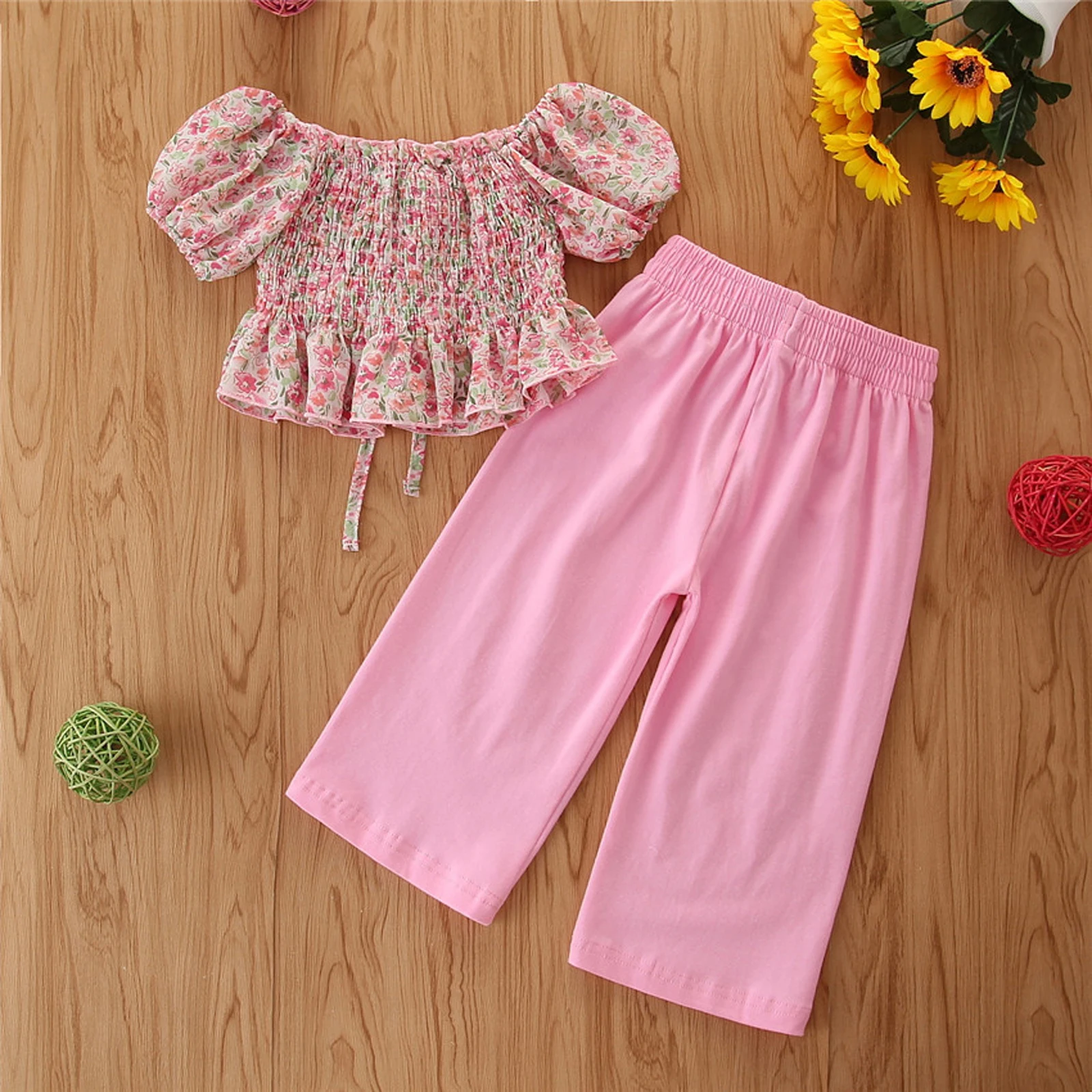 

Kids Baby Girls 1T-6T Fashion 2-piece Outfit Set Lantern Sleeve Floral Tops+Pants Set for Children Girls