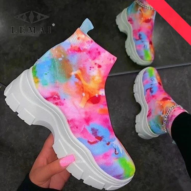 

Print Elastic Sock Boots for Women Flat Mesh Breathable Women's Booties Casual Soft Platform Slip-on Black Boots Size 35-43