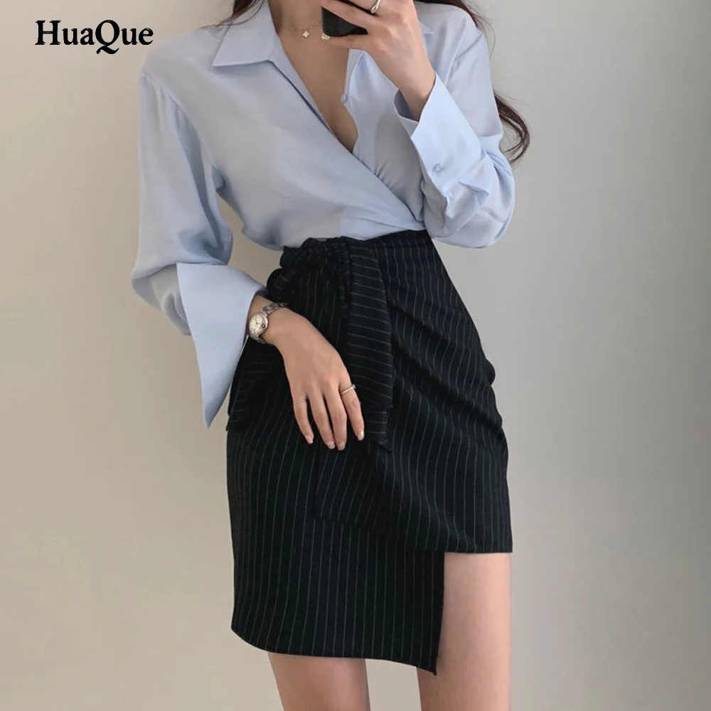 

Shirt set two-piece skirt female blouse asymmetrical draped skirt fashion casual office suit shirt top Shirt set Long sleeve