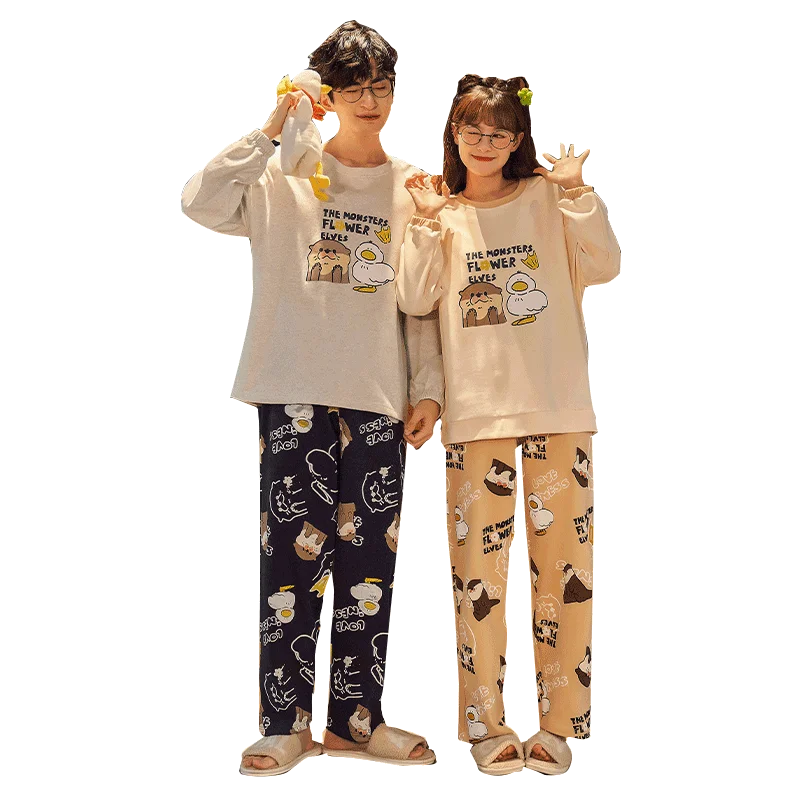 Новинка осенне-зимние хлопковые Пижамные комплекты для пар брюки с круглым