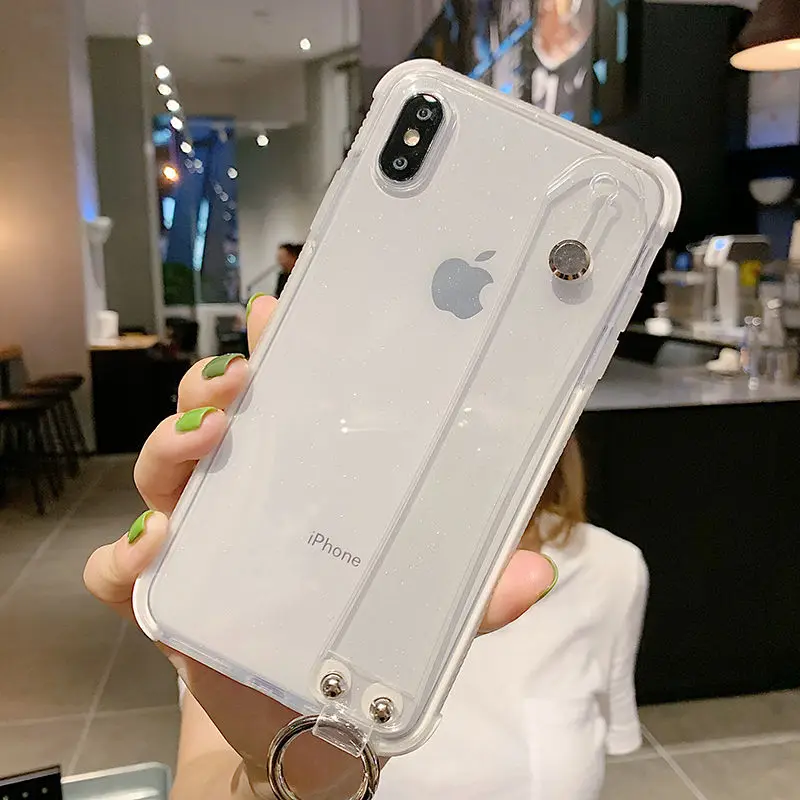 Блестящий порошковый чехол для телефона iPhone X, XR, XS, Max, 8, 7 Plus, 6, 6S Plus, прозрачный мягкий ТПУ противоударный блестящий чехол - Цвет: with Wristband