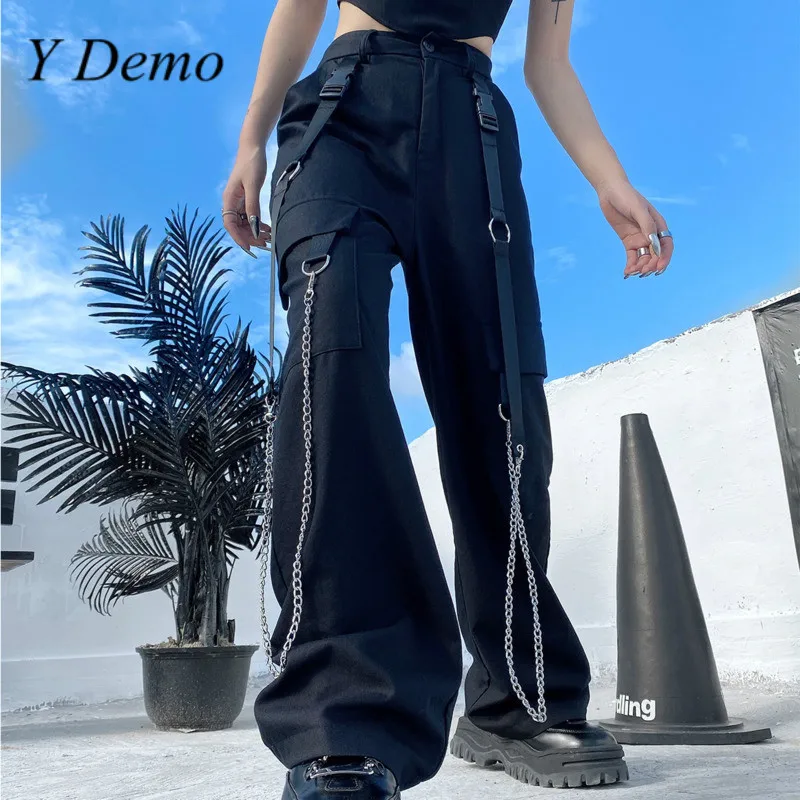 Y Demo Harajuku Rock свободные женские брюки с высокой талией плиссированная цепочка