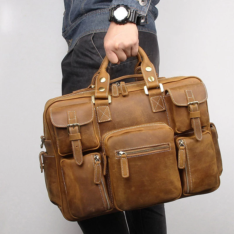 Luufan 42cm Large Men Leather Briefcase 15.6 Inch Leather Laptop Bag Shoulder Bag Real Cowskin Briefcase Male Work Totes Brown