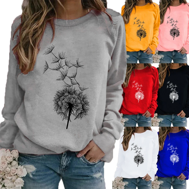 

Women Autumn and Winter Dandelion Printed Sweatshirt Casual Long Sleeve Tops T-shirt Ladies Round Neck Pullover Blouse