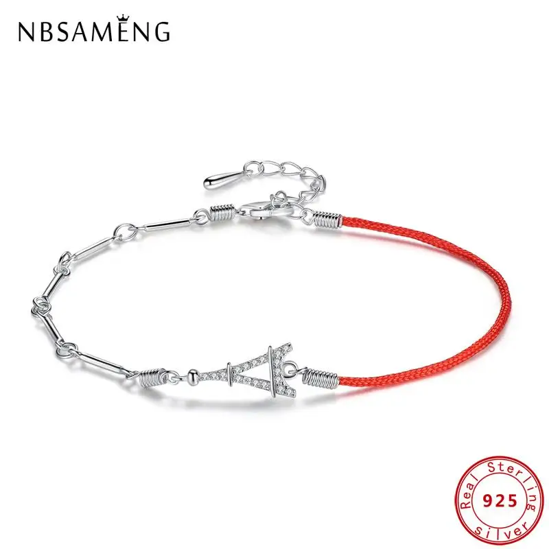 

100% Authentic 925 Sterling Silver Eiffel Tower Charms Red Rope Chain Bracelet For Women Girl Adjustable Bracelets Gift Jewelry