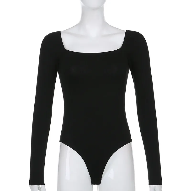 

2020 Winter Romper Women Jumpsuits Sexy Club Slim Fashion Square Collar Regular Long Sleeve Black Solid Bodycon Female Bodysuits