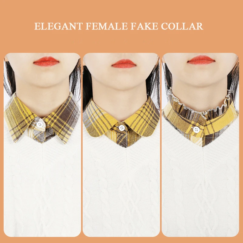 

2021 New Fashion Causal Women's Fake Collar Stand Beads Detachable Ladies False Blouse Yellow Plaid Half Shirt