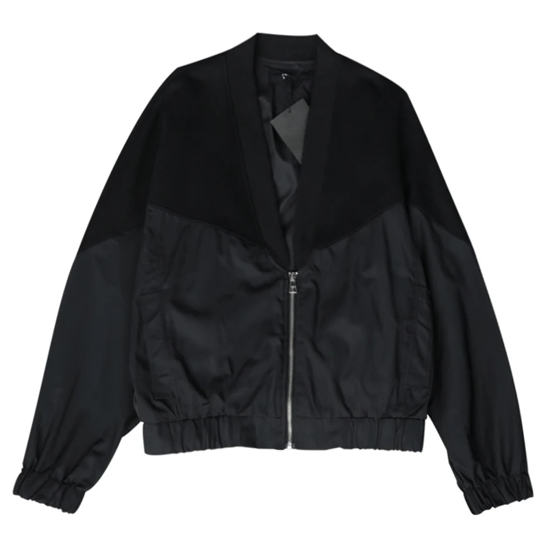 

[EAM] Loose Fit Contrast Color Brief Big Size Jacket New Stand Collar Long Sleeve Women Coat Fashion Spring Autumn 2021 1DB217