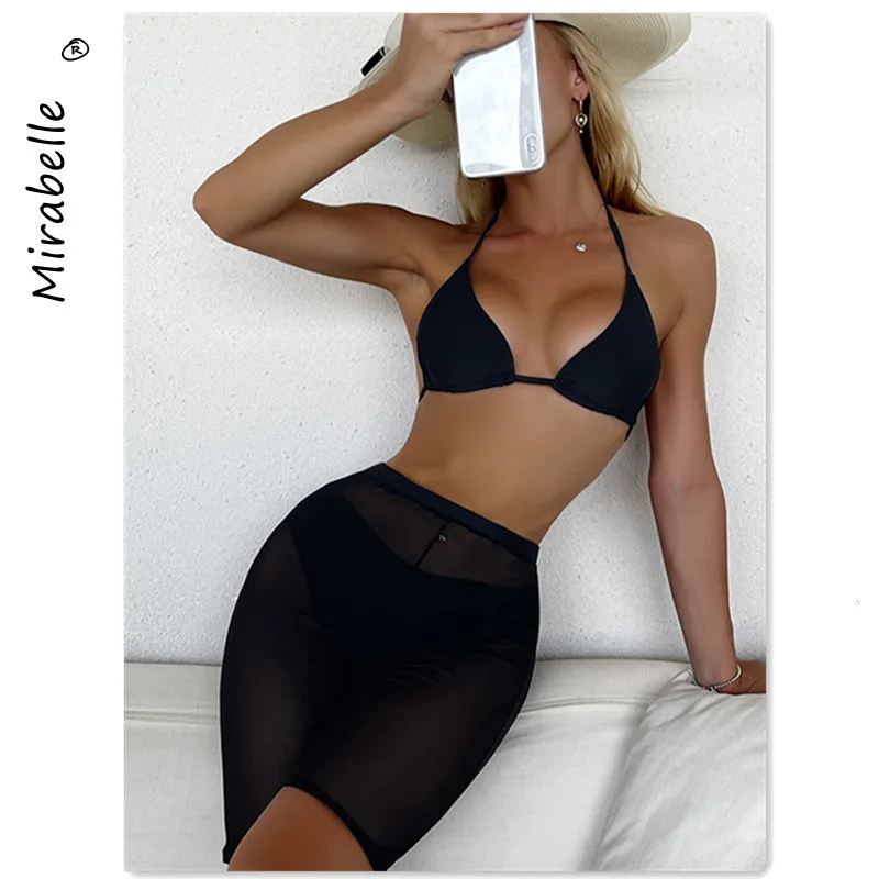 

MIRABELLE Sexy Bikinis Three Piece Swimsuit Women 2021 Push Up Swimwears Halter Bathing Suits Mesh Cover Up Beachwear Summer