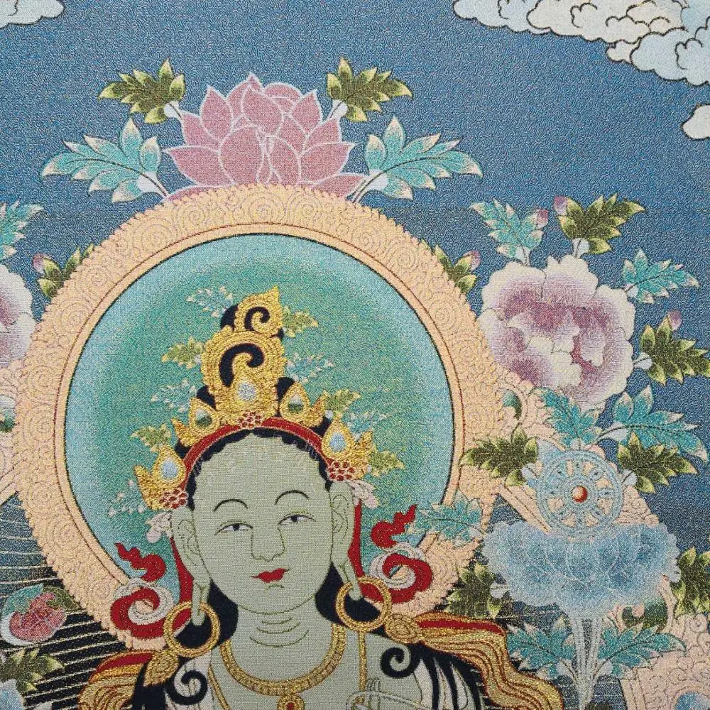 35 &quotТханка вышивка тибетский буддизм шелк парча Непал зеленая Тара сидящий