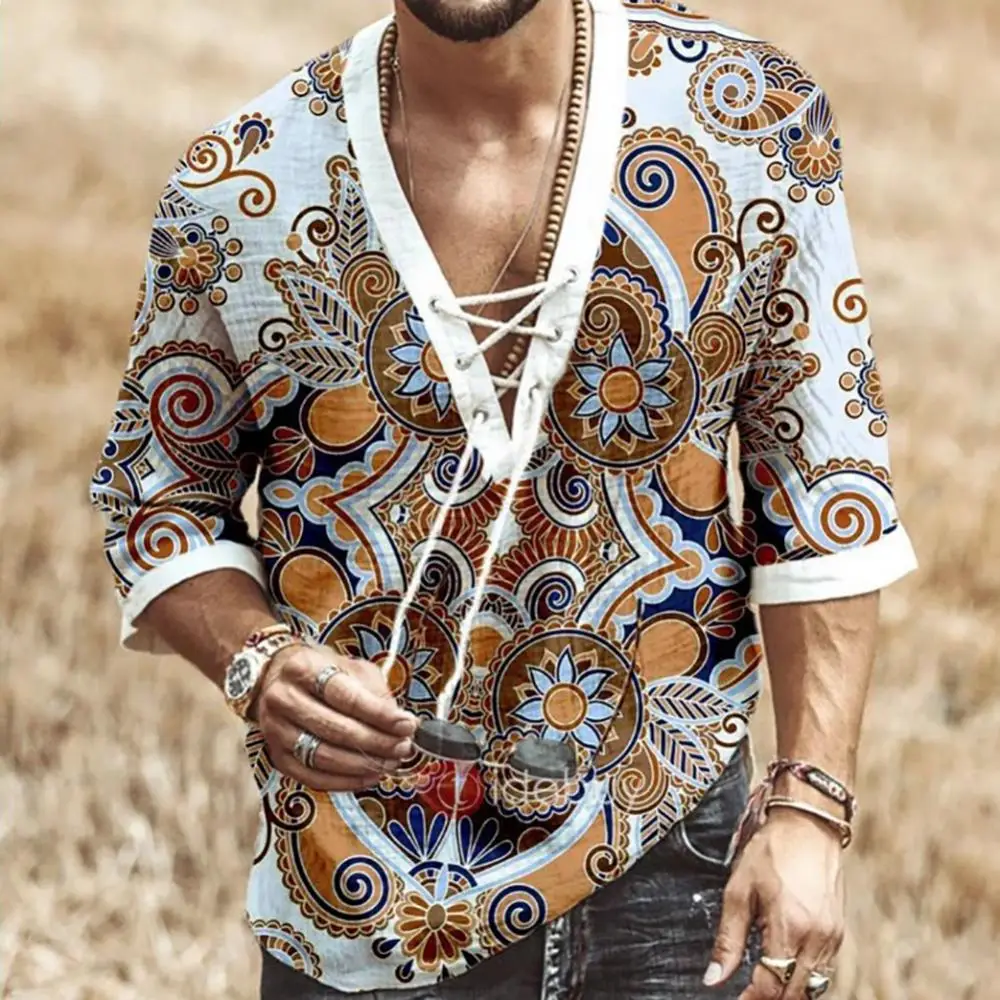 

V Neck Shirt Loose Top T-shirt Tops Casual Fashion Men Tees Half Sleeve Floral Print Chest Lace-up Male
