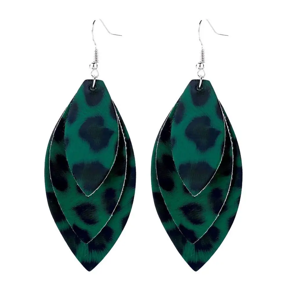 

Women Leopard Triple Layer Leaf Shape Faux Leather Long Dangle Hook Earrings