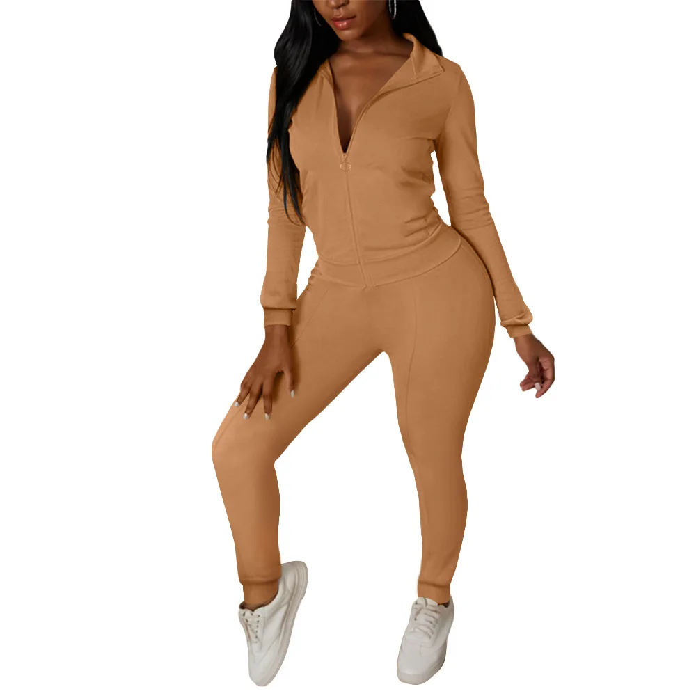 

RStylish Autumn Vintage Women's Solid Color Zip Long Sleeve Jacket Jogger Pants Fitness Two Piece Matching Sets