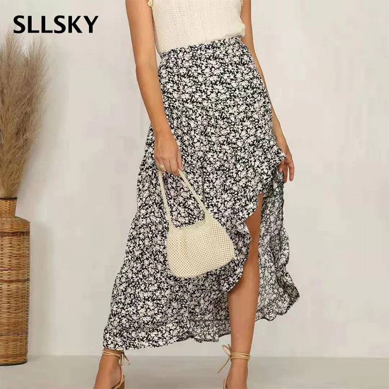 

Женская длинная юбка в стиле бохо Sllsky, элегантная юбка с цветочным принтом, с высоким разрезом сбоку и оборками на подоле, хлопковая юбка мак...