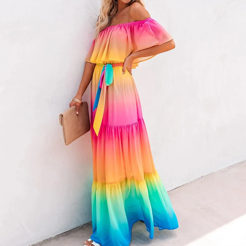 Женское платье макси с открытыми плечами и оборками на рукавах радужные Меняющие