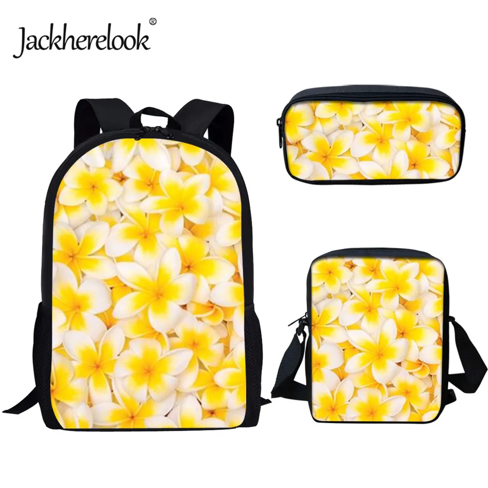 

jackherelook Plumeria Floral Print Student School Bags 3pcs/Set Girls Durable Backpack Teenagers Large Capacity Satchel/Bookbag