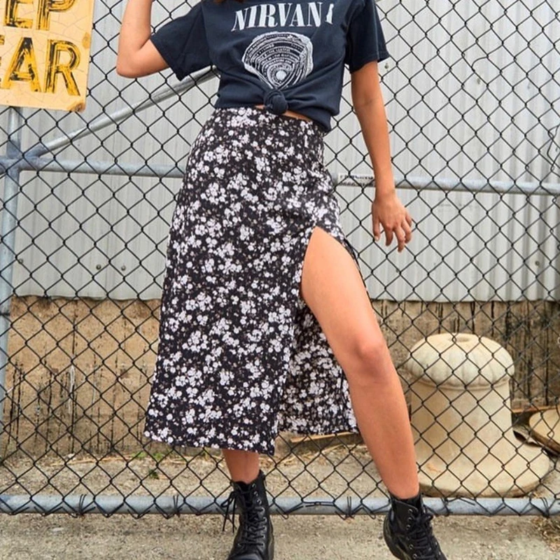 

2021 Summer Sexy Split Skirt Leopard print Women Elegant Boho Female Clothes Ladies Midi Skirts Fashion Flower Beach Sundress