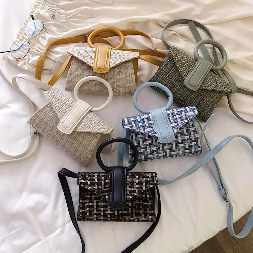 

New Material Casual Women Flap Bag Round Handle Handbag Checked Pattern Fashion Shoulder Bag ML75