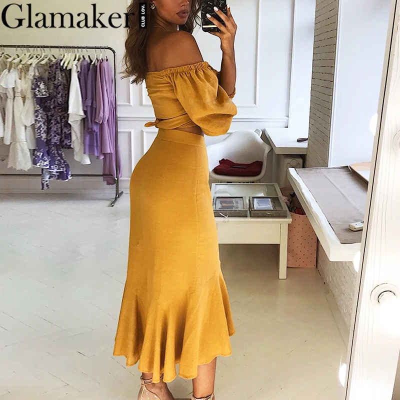Женское вечернее платье Русалка Glamaker желтое с открытыми плечами и пышными