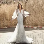 Свадебное платье со смайликом, кружевное, с пышными рукавами и открытой спиной, Аппликации Свадебные платья