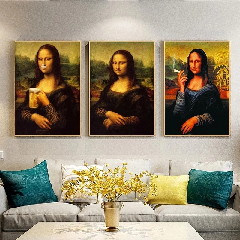 

Funny Mona Lisa Drink and Smoking Posters Wall Art Canvas Print Pictures Da Vinci Famous Paintings for Home Living Room Decor