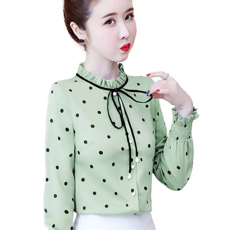

Fashion Spring Summer Style Chiffon Blouses Casual Women Long Sleeve Polka Dot O-Neck Loose Blouses Women's Tops DF3446