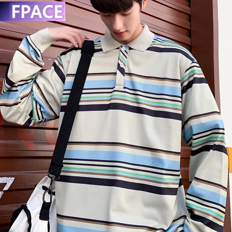 

FPACE Men Polo shirt Striped Oversize Japanese Streetwear Men's Sweatshirt Plus Size Long sleeve Clothes Males Tops