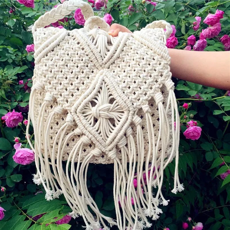 

Fashion White Handmade Cotton Rope Hollow Out Woven Bag Fashion Tassel Bag Women's Handbag Straw Shoulder Bag Ladies