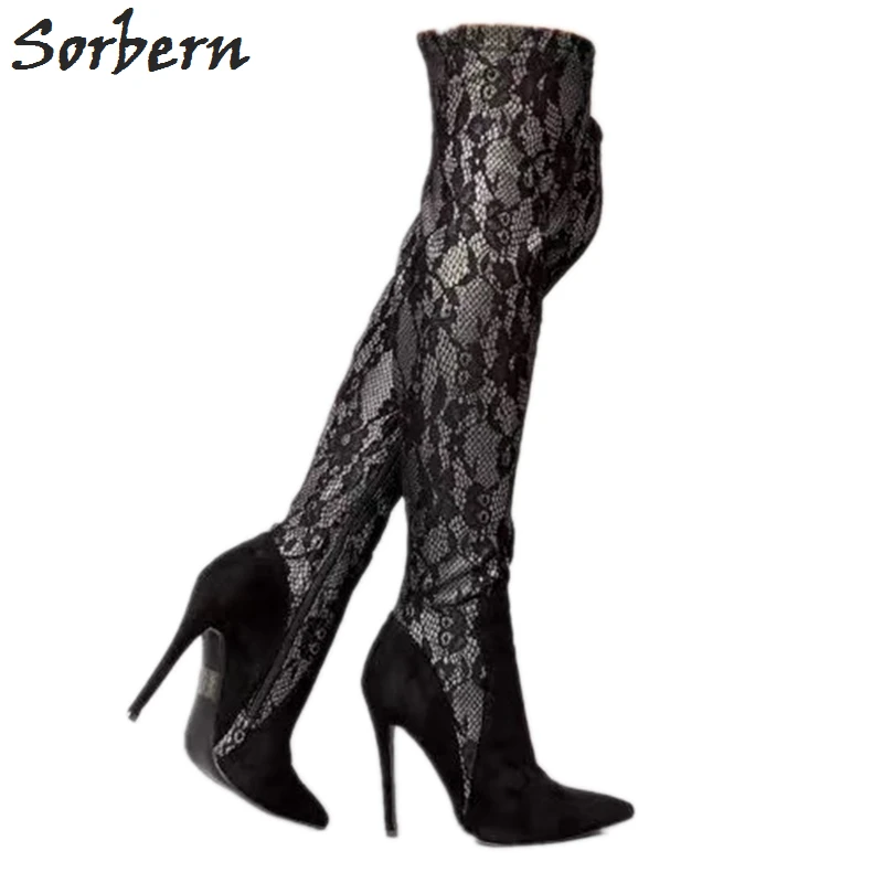 

Sorbern Sexy Black Lace Women Boot Over The Knee High Heel Stilettos Australia Boots Pointed Toe Boots Heeled For Stripper Dance