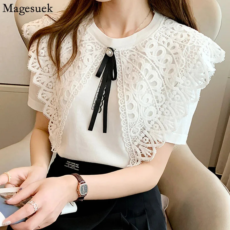 

Женская трикотажная рубашка с коротким рукавом, черная или белая блузка с отложным воротником и кружевом, модель 2021 на лето, 14257