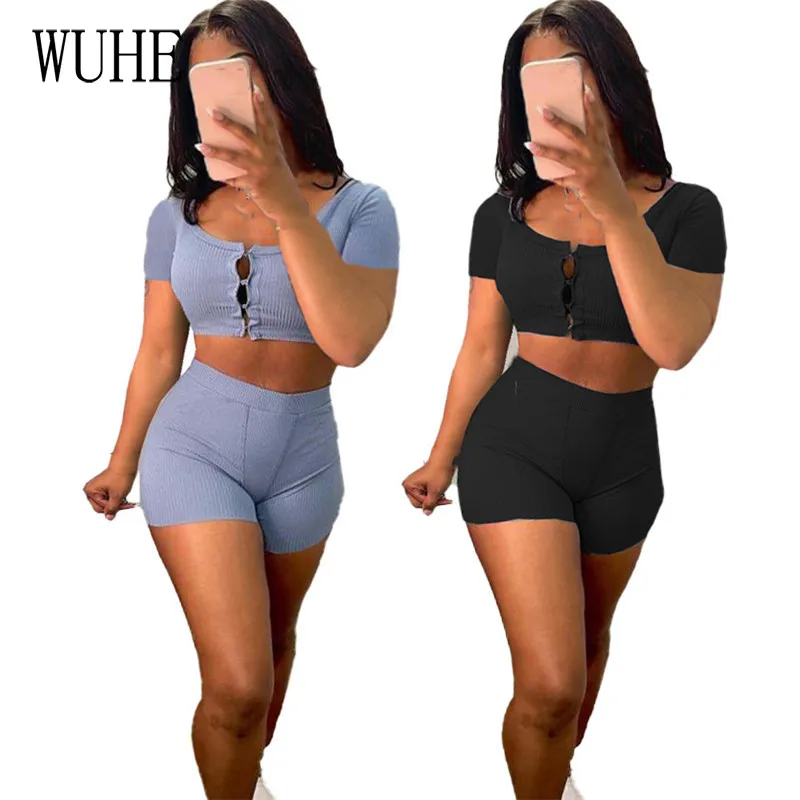 

WUHE Tracksuits Summer 2 Piece Suits Button Short Sleeve Hollow Out Square Collar Top and Slim Pants Sports Fitness Casual Wear