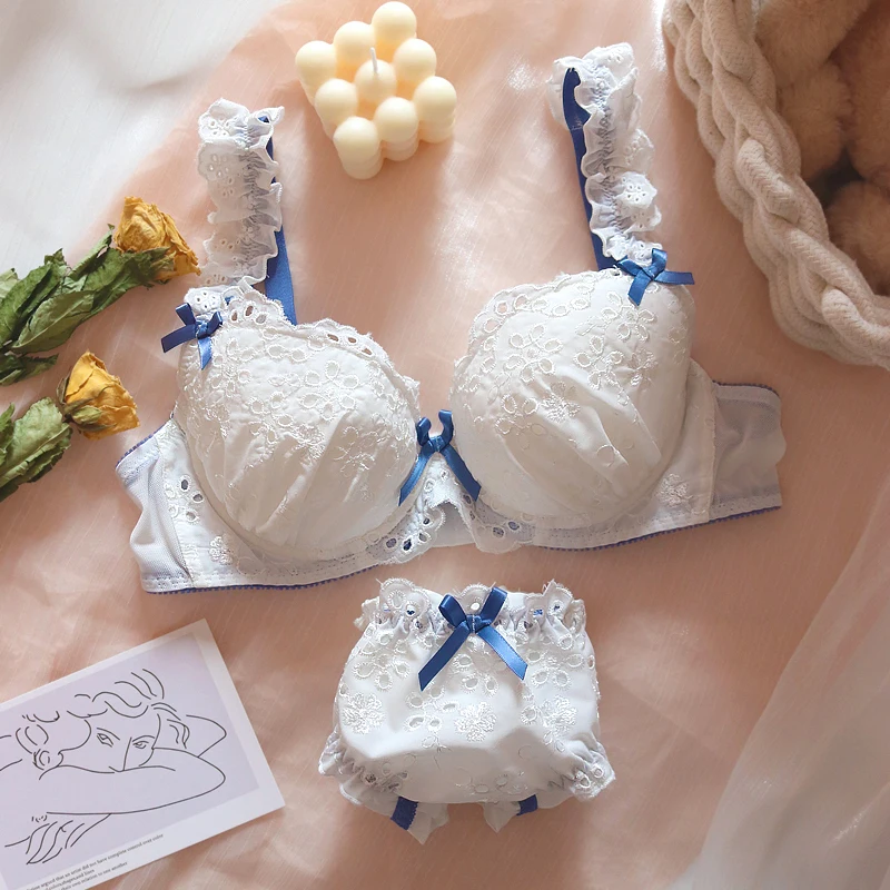 Cute Sweet Ruffle Women White Underwire Bra & Panties Set Soft Girl Fresh Lolita Hollow Out Petals Lace Embroidery Underwear Set