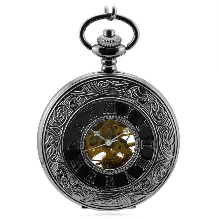 Классические черные римские Механические карманные часы с двойным дисплеем из