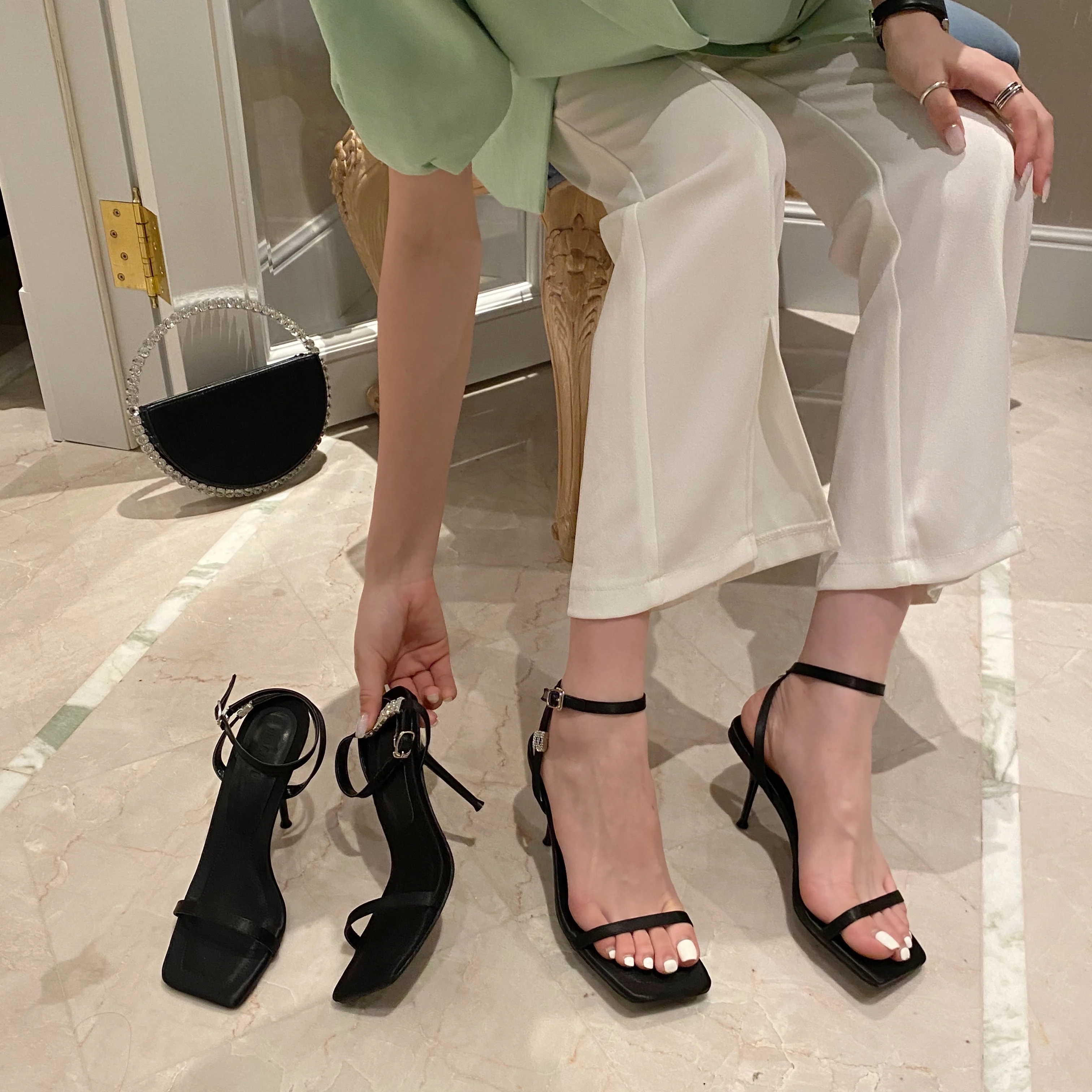 

Summer Sandals Women 2021 Luxury Brand Fashion High Heel Square Toe Black Plus Size 42 Stiletto Muller Sandals Chaussure Femme