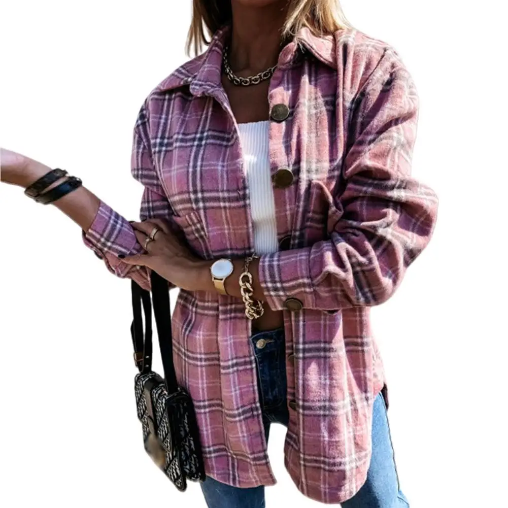 

Women Stylish Turn Down Collar Pockets Jacket Plaid Buttons Long Shirt Coat