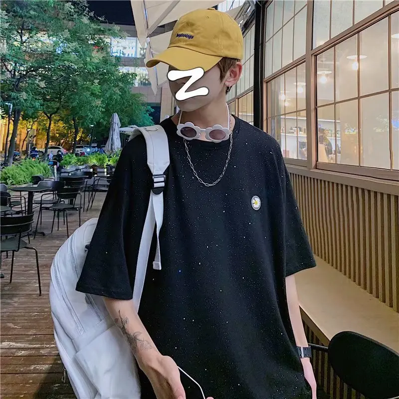 

Summer T-shirt Men's Korean-Style Couple Starry Little Daisy Reflective Printed round Neck Short Sleeve