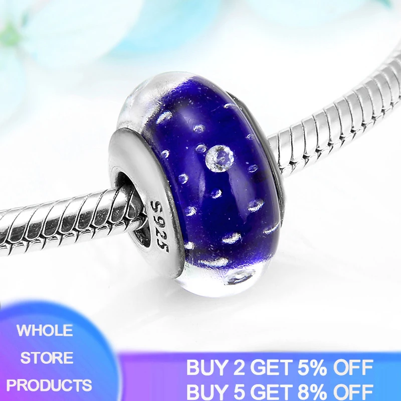 

YANHUI 100% Real 925 Sterling Silver Blue Glass Beads Fit Original Women Band Charms Bracelet Gift Making Jewelry