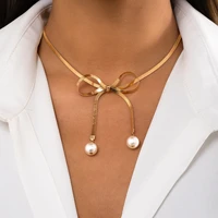 gold flat snake chain bowknot pearl pendant necklace for women cute fashion vintage clavicle chain choker necklace trend jewelry