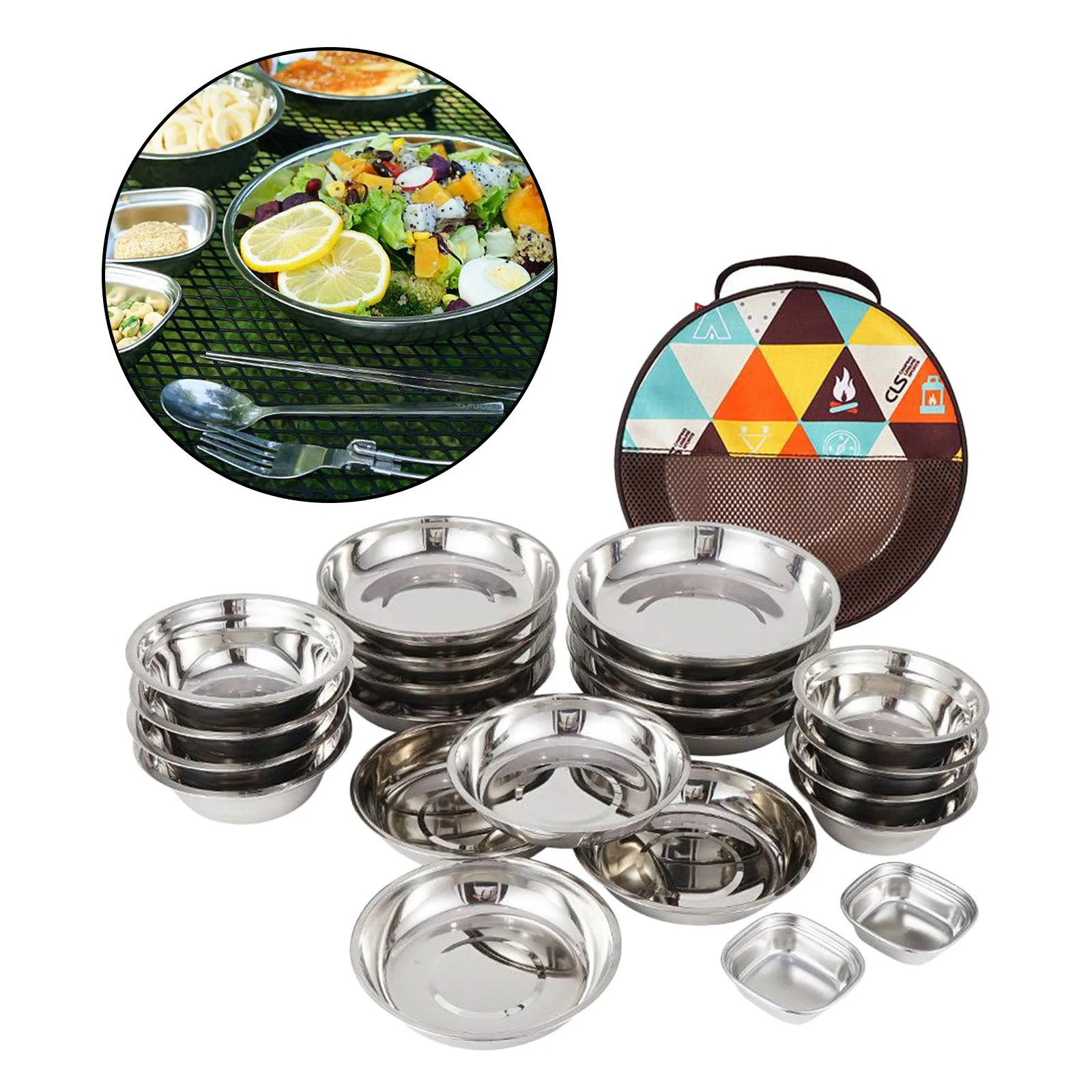 

22Pieces Stainless Steel Plates and Bowls Set Small and Large Dinnerware for