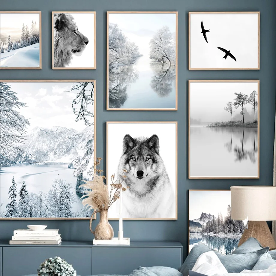 

Wall Art Canvas Painting Wolf Lion Snow Scene Retro Lake Pine Forest Poster and Prints Living Room Nordic Style Home Decoration